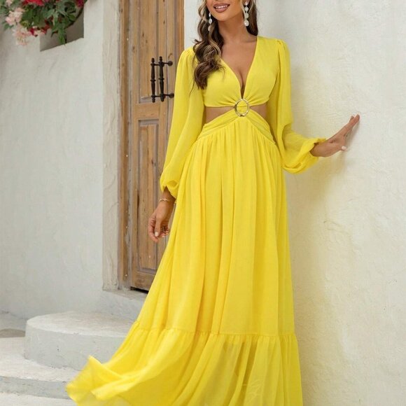 Yellow Plunging Neck Lantern Sleeve O-ring Detail Split Thigh Dress - Picture 5 of 5